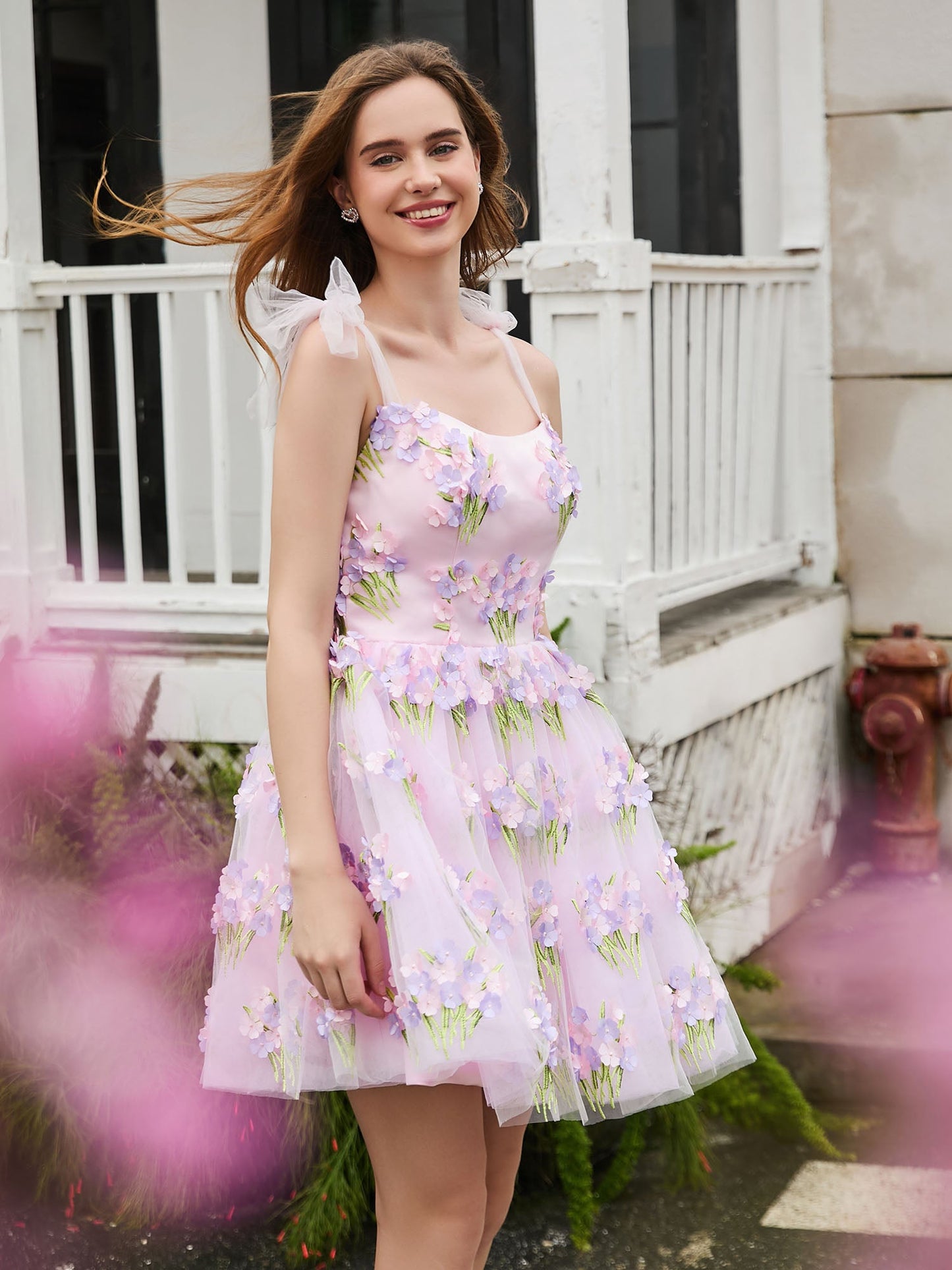 Tulle Bow Straps Short Dress with Flowers Blushing Pink