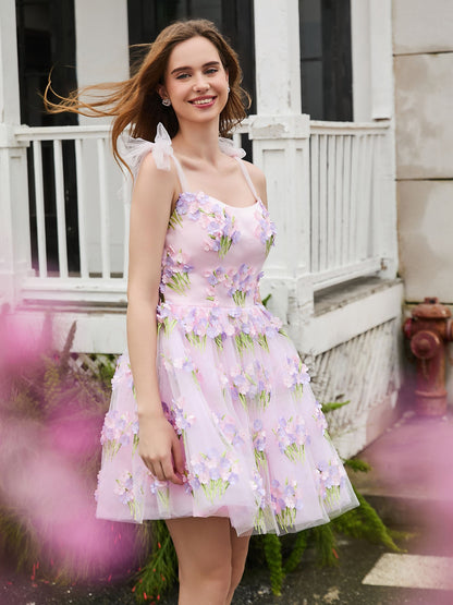 Tulle Bow Straps Short Dress with Flowers Blushing Pink