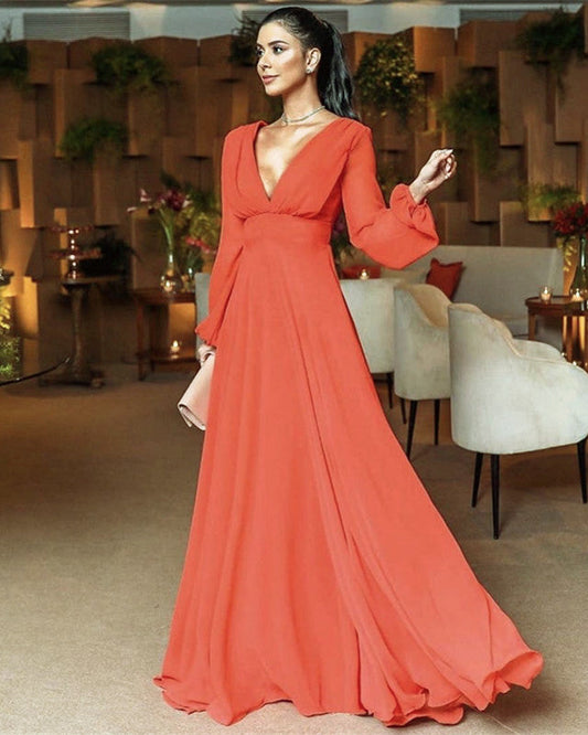 Long Sleeves Bridesmaid Dresses Chiffon V Neck