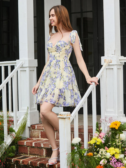 Sweetheart Neck Bow Straps Floral Print Dress