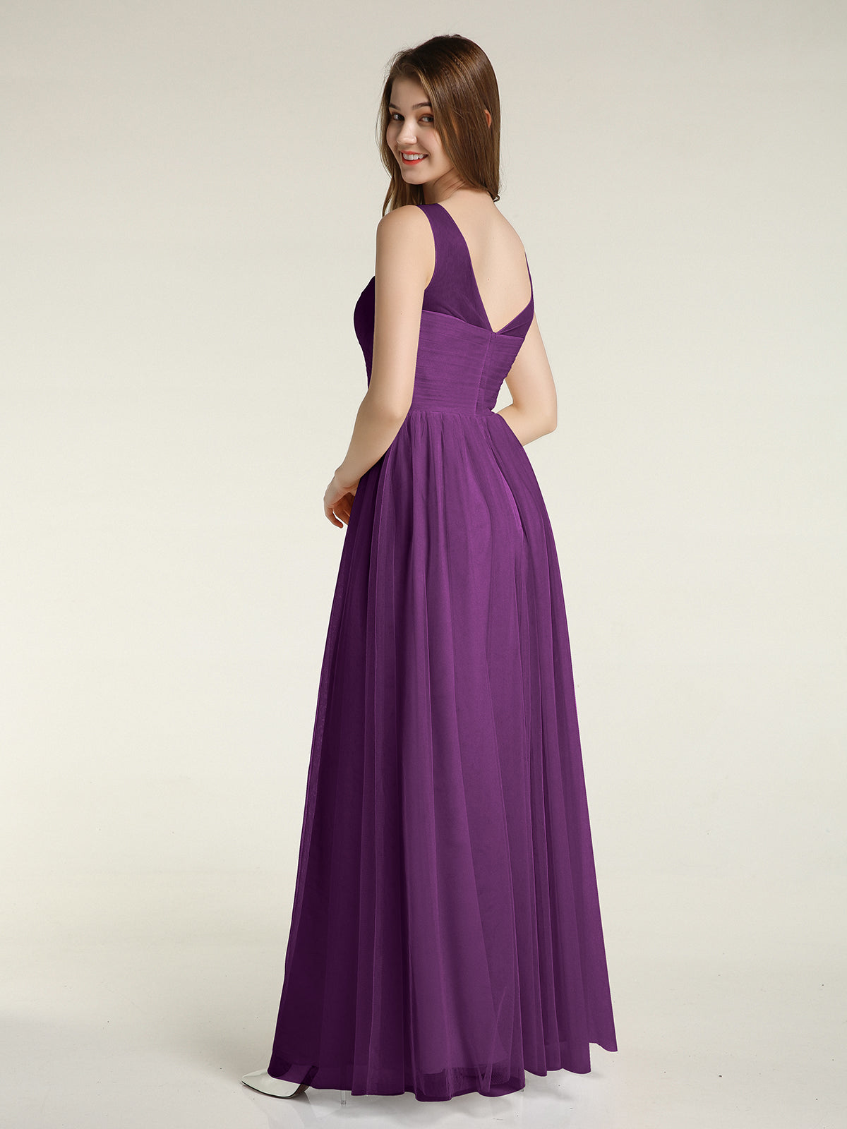 Illusion Neck Cross Tulle Bridesmaid Dresses-Grape