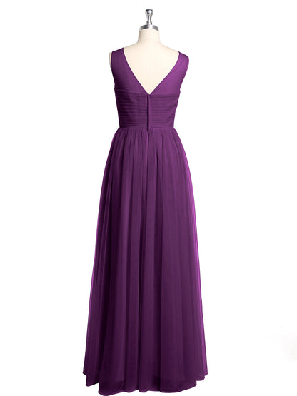 Illusion Neck Cross Tulle Bridesmaid Dresses-Grape