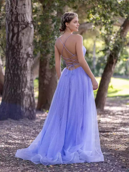 The eye-catching A-line thin sheer shoulder strap and deep V-neck sleeveless embroidered cross tie back Prom Dresses