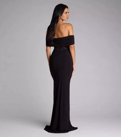 The eye-catching knitted elastic lining, off shoulder sheer lace corset, mermaid silhouette Prom Dresses