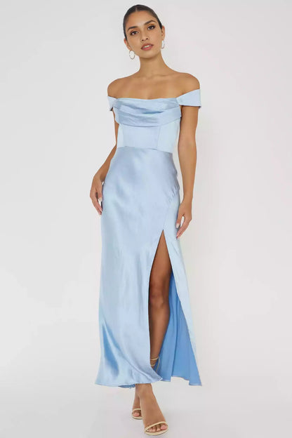 The eye-catching off shoulder low V-neck satin fabric with an extra long front slit and a hidden zipper on the back Prom Dresses