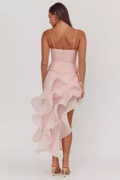 The eye-catching ruffled asymmetrical hem with adjustable suspender lining and back zipper Prom Dresses