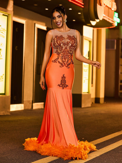 Illusion Beaded Mermaid Maxi Dress with Feathers Orange
