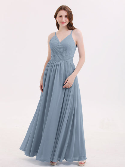 Open Back Chiffon Dress with V Neck-Dusty Blue