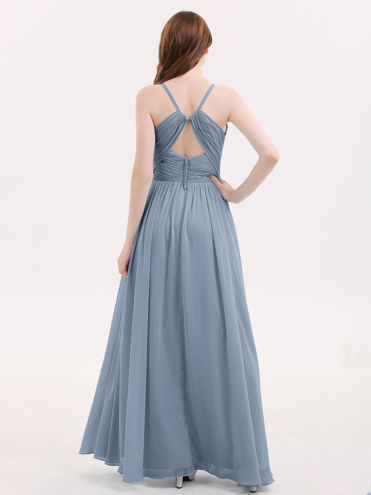 Open Back Chiffon Dress with V Neck-Dusty Blue