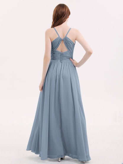 Open Back Chiffon Dress with V Neck-Dusty Blue