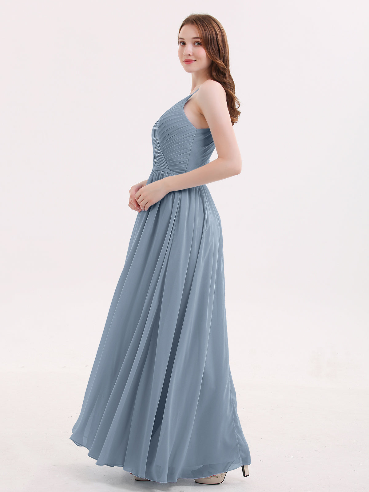 Open Back Chiffon Dress with V Neck-Dusty Blue