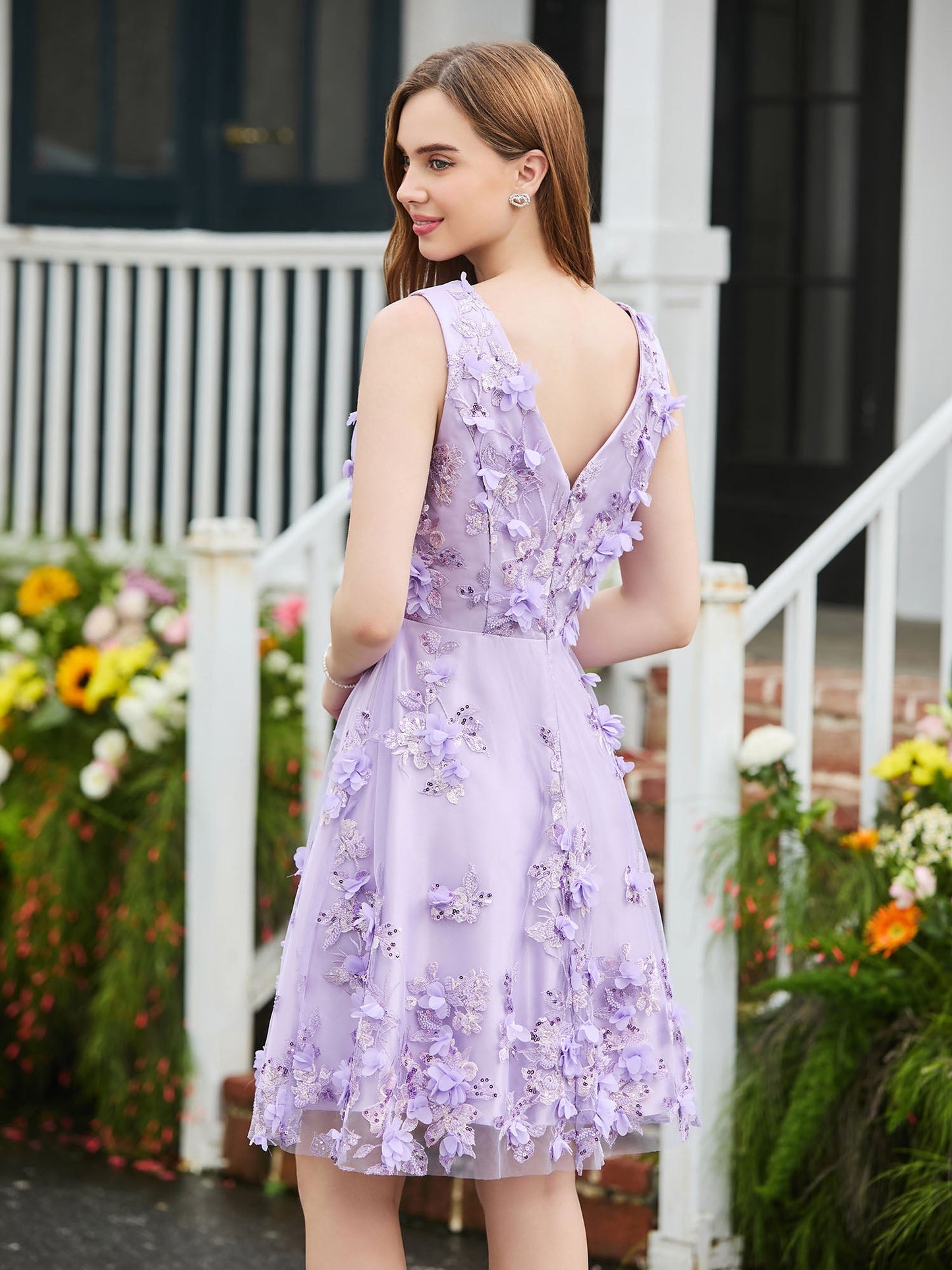Floral Appliqued Short Dress with Beaded Lilac