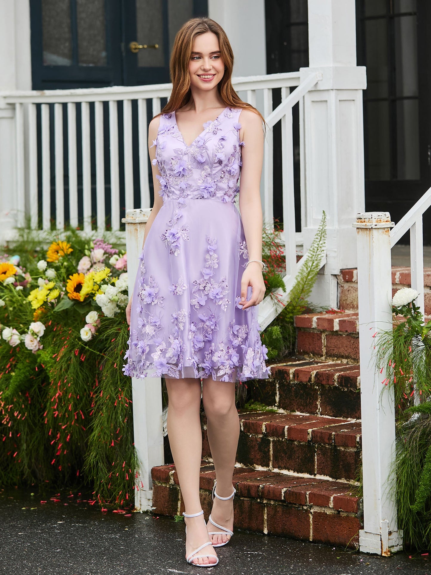 Floral Appliqued Short Dress with Beaded Lilac