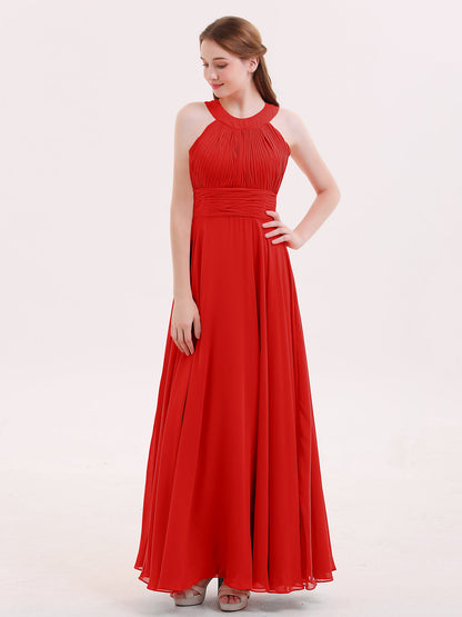 Halter Neck Open Back Chiffon Bridesmaid Dress-Red