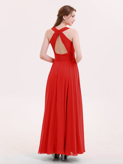 Halter Neck Open Back Chiffon Bridesmaid Dress-Red