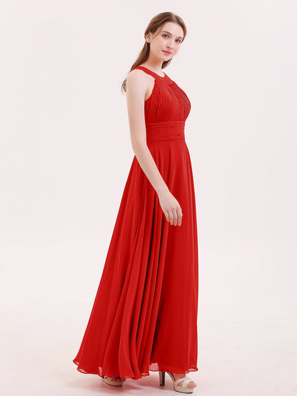 Halter Neck Open Back Chiffon Bridesmaid Dress-Red