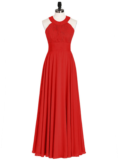 Halter Neck Open Back Chiffon Bridesmaid Dress-Red