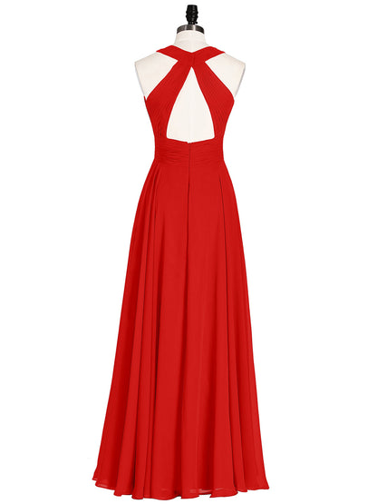 Halter Neck Open Back Chiffon Bridesmaid Dress-Red