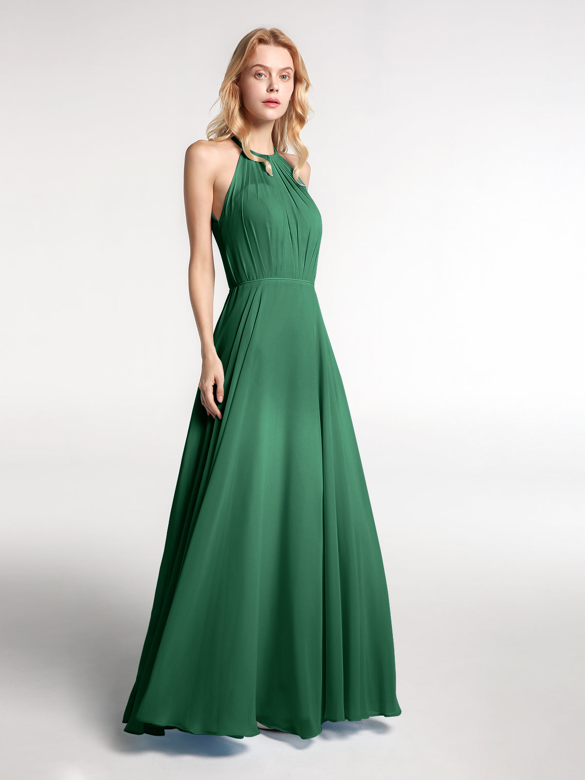 Halter Neck Chiffon Maxi Dress with Circle Skirt-Dark Green