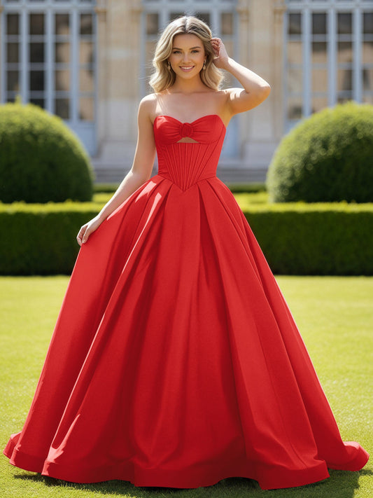 Sweetheart Satin Ball Gown Delicate Lace-Up Prom Dress Red