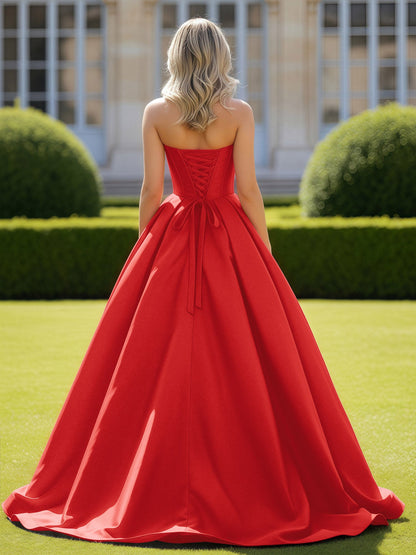 Sweetheart Satin Ball Gown Delicate Lace-Up Prom Dress Red