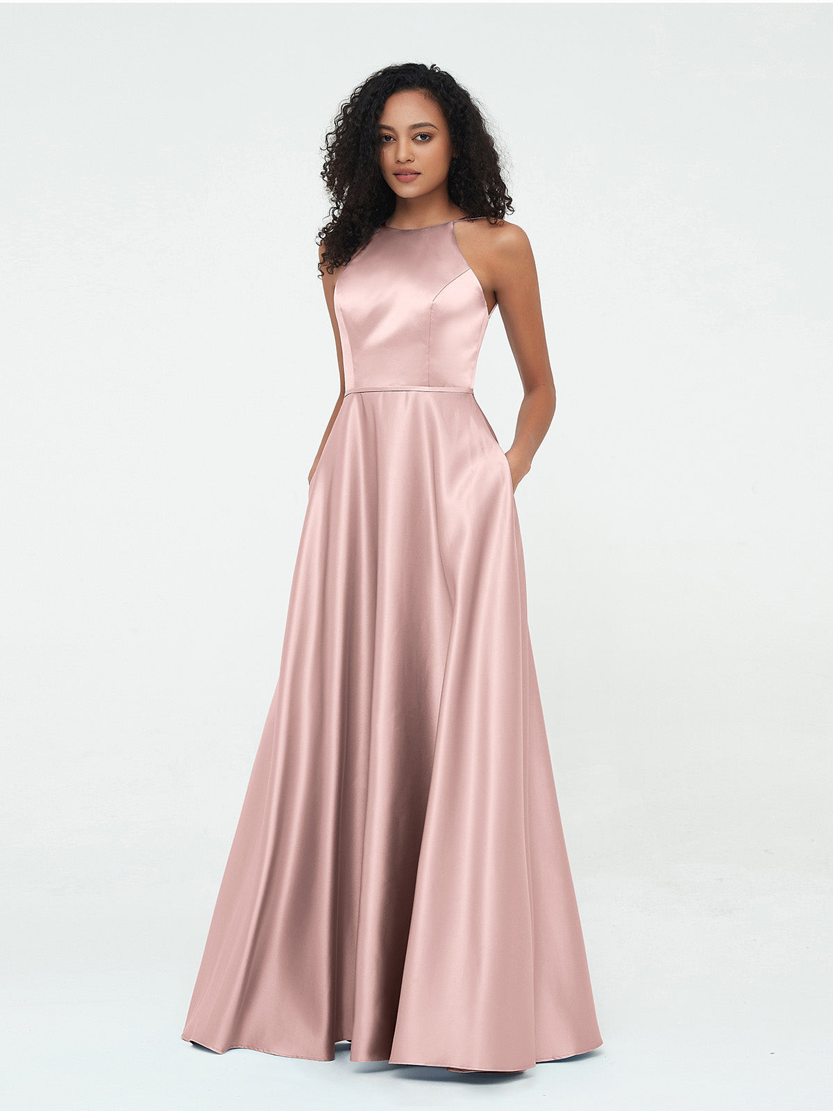 A-line Halter Max Satin Dresses with Pockets-Dusty Rose