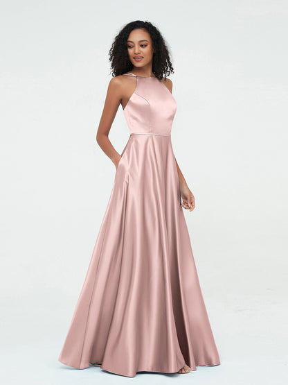 A-line Halter Max Satin Dresses with Pockets-Dusty Rose