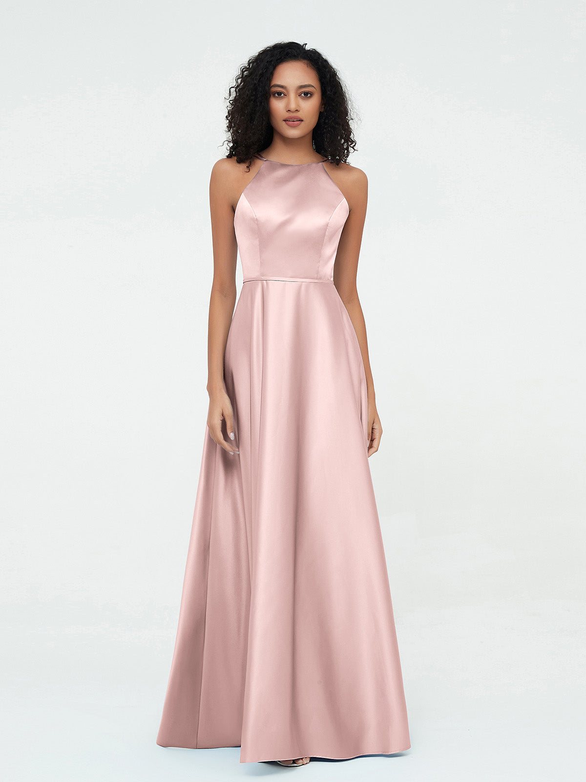 A-line Halter Max Satin Dresses with Pockets-Dusty Rose
