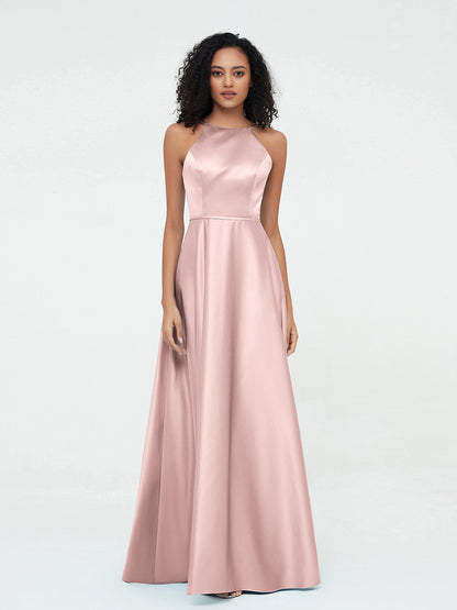 A-line Halter Max Satin Dresses with Pockets-Dusty Rose