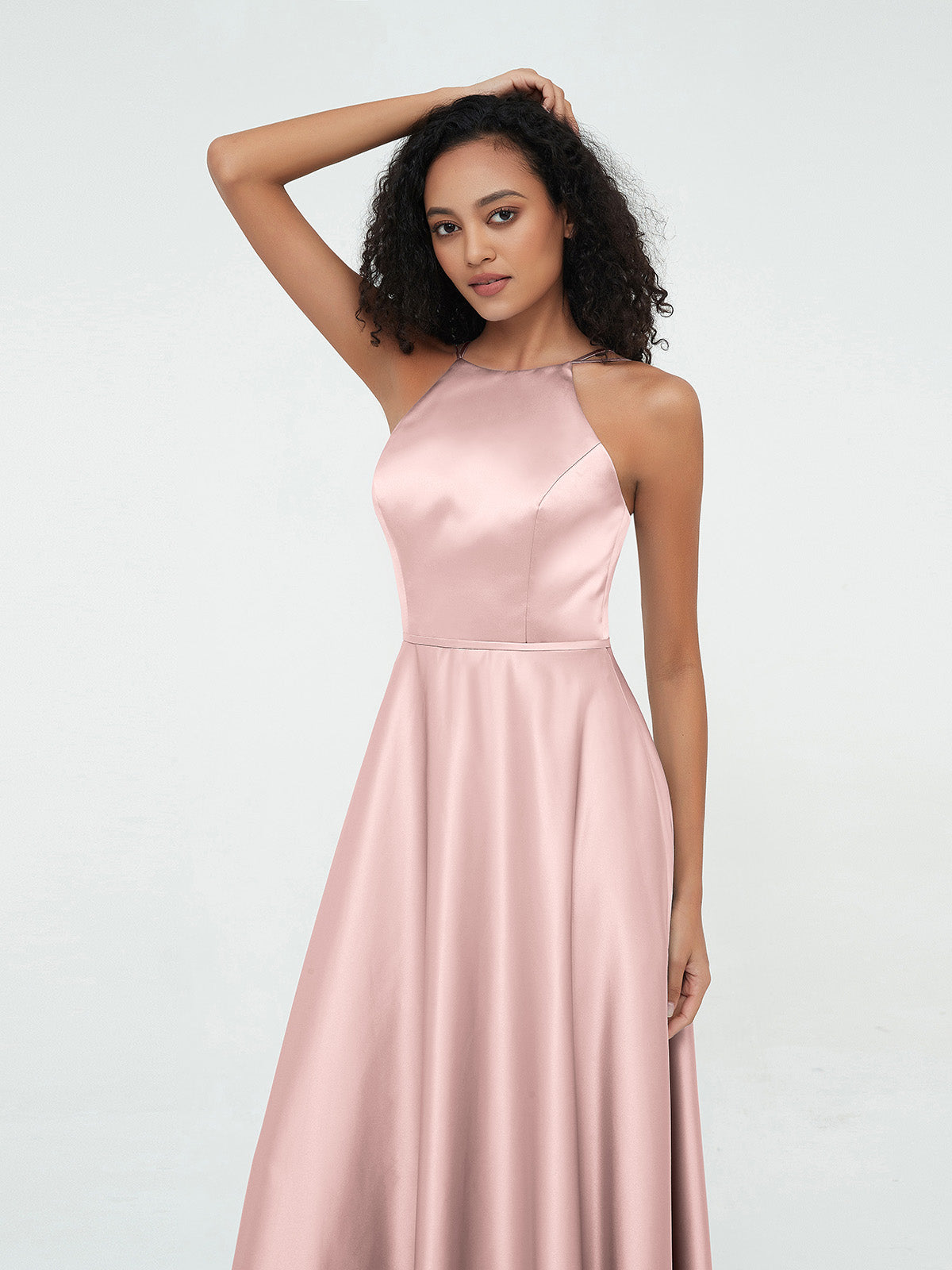 A-line Halter Max Satin Dresses with Pockets-Dusty Rose