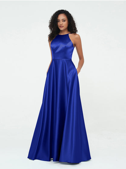 A-line Halter Max Satin Dresses with Pockets-Royal Blue