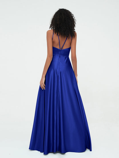 A-line Halter Max Satin Dresses with Pockets-Royal Blue