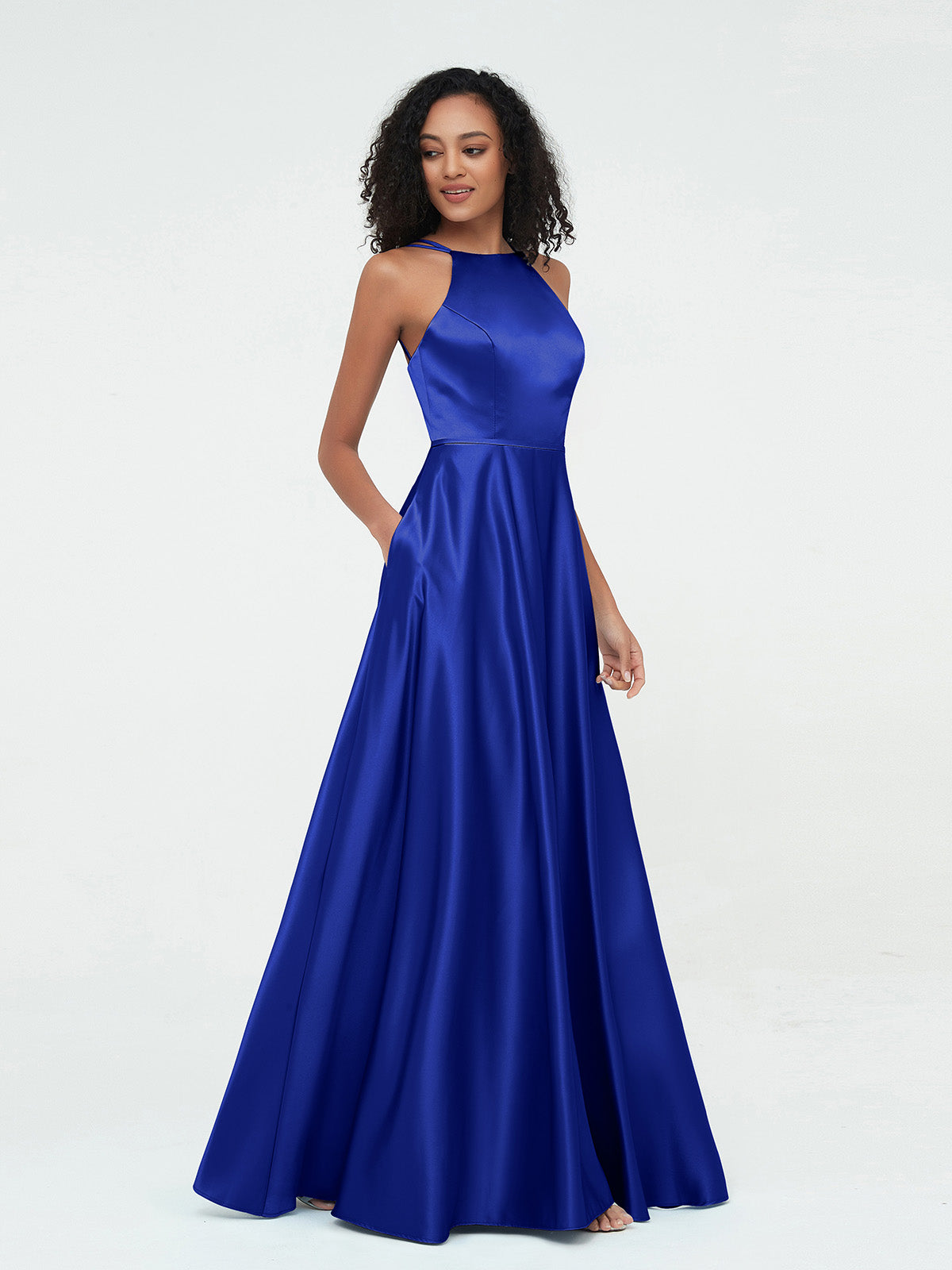 A-line Halter Max Satin Dresses with Pockets-Royal Blue