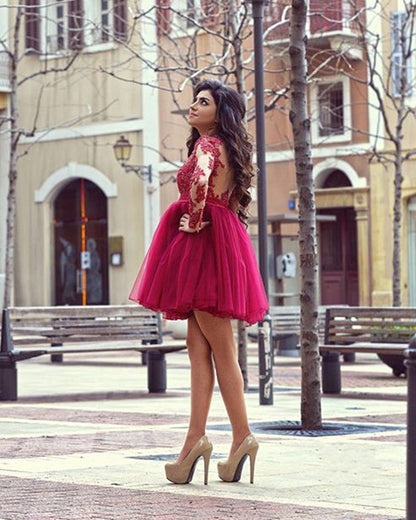 Long Sleeves Homecoming Dresses Tulle Illusion Back