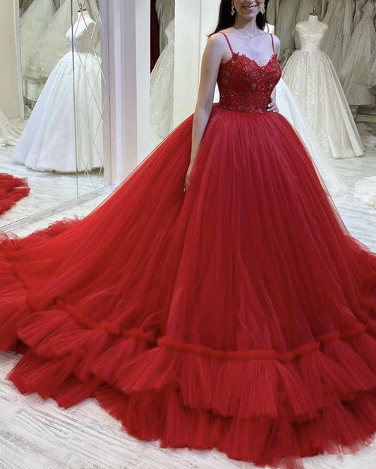 Tulle Sweetheart Wedding Dress Ruffles Ball Gown Lace Appliques