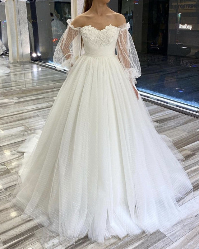 Off The Shoulder Tulle Wedding Dress With Sleeves