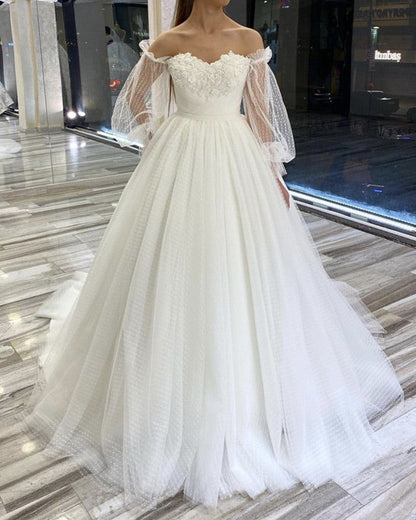 Off The Shoulder Tulle Wedding Dress With Sleeves