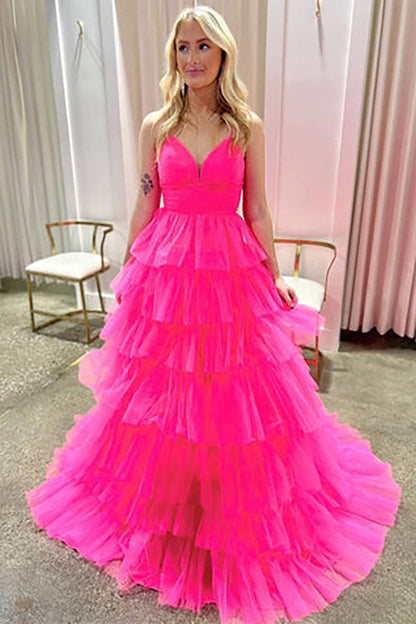 Tulle Spaghetti Straps A-Line Ruffled Long Prom Dress