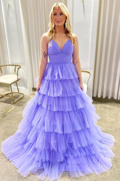 Tulle Spaghetti Straps A-Line Ruffled Long Prom Dress