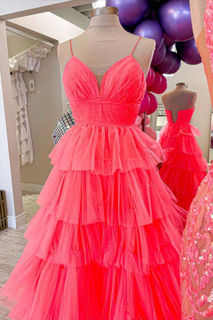 Tulle Spaghetti Straps A-Line Ruffled Long Prom Dress
