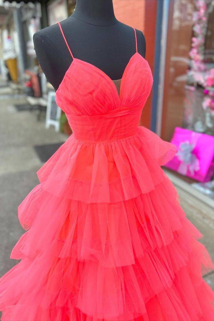 Tulle Spaghetti Straps A-Line Ruffled Long Prom Dress
