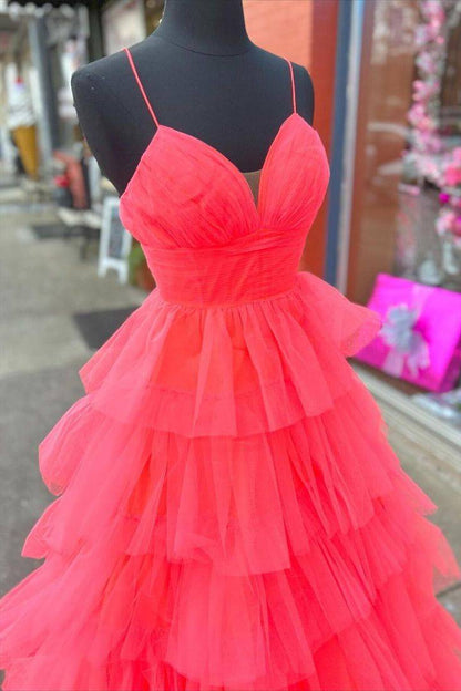 Tulle Spaghetti Straps A-Line Ruffled Long Prom Dress