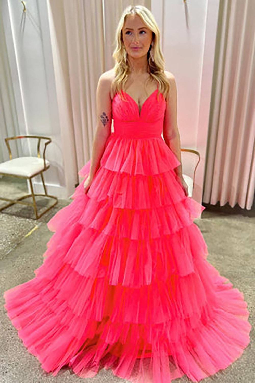 Tulle Spaghetti Straps A-Line Ruffled Long Prom Dress