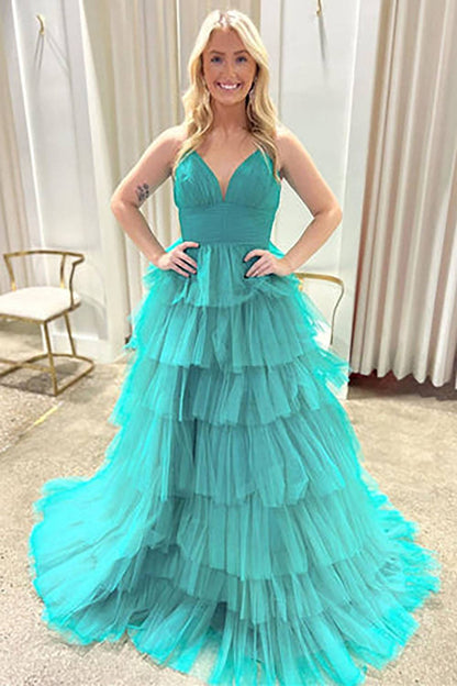 Tulle Spaghetti Straps A-Line Ruffled Long Prom Dress