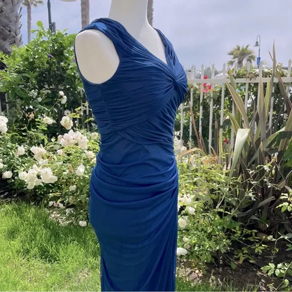 Vintage Mermaid Navy Blue Pleated Floor Length Party Dress Prom Dress cc3004