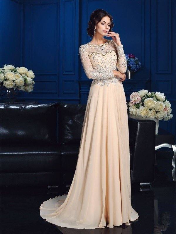 A-Line/Princess Scoop Beading Long Sleeves Long Chiffon Mother of the Bride Dresses - RongMoon
