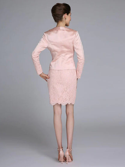 Mother of the Bride Dress Convertible Dress Scoop Neck Short Mini Lace Satin Long Sleeve with Lace Appliques