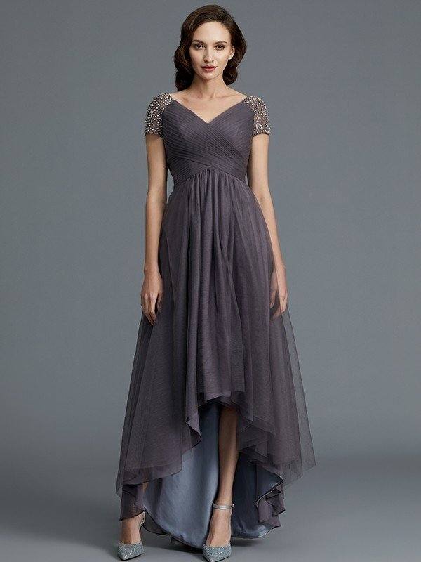 A-Line/Princess V-neck Short Sleeves Asymmetrical Tulle Mother of the Bride Dresses - RongMoon