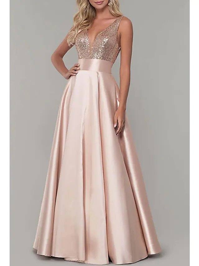A-Line Sparkle Prom Formal Evening Dress V Neck Sleeveless Floor Length Satin with Pleats Sequin - RongMoon