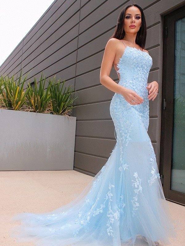 Trumpet/Mermaid Halter Sleeveless Lace Tulle Sweep/Brush Train Dresses - RongMoon